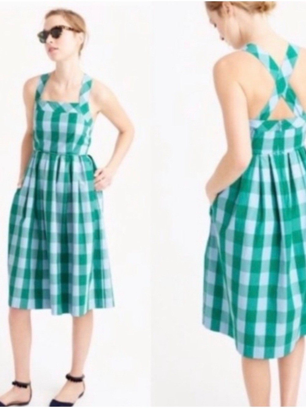 J. Crew Green Gingham Square-Neck Apron Midi Dress